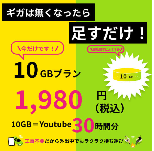 ギガチャージWiFi 10GB入り 追加GB