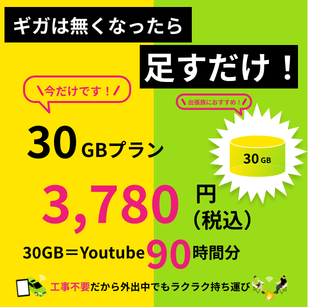 ギガチャージWiFi 30GB入り　追加GB