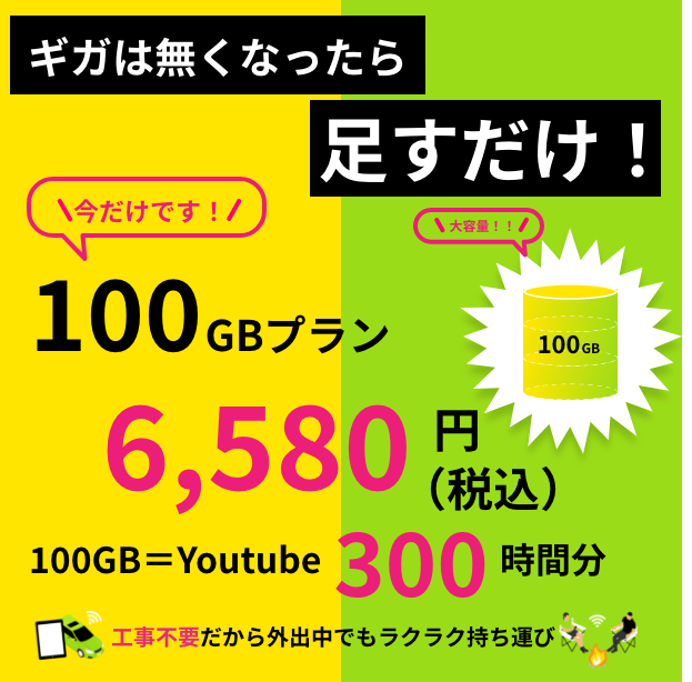 ギガチャージWiFi 100GB入り 追加GB – ギガチャージWi-Fi